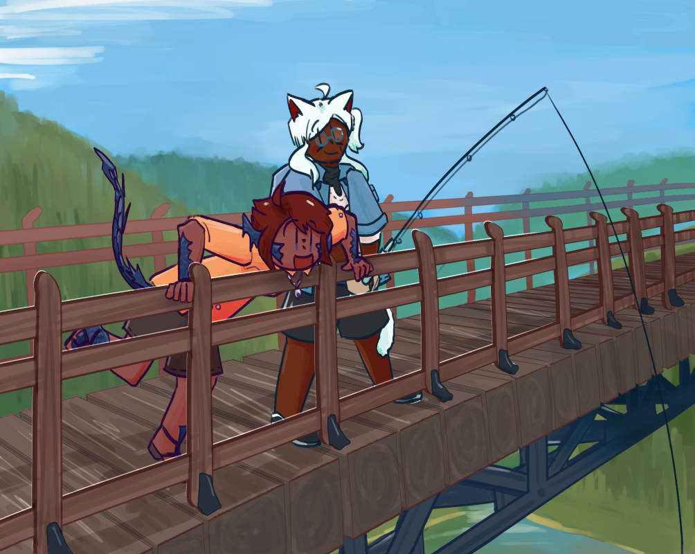 lizard girl and catboy luka standing on a wooden and steel bridge high up a forest scenery. luka has white hair and glasses, and is wearing a blue denim jacket with shorts, fishing over the railing. lizard girl is excitedly grabbing the railing and looking over the bridge. she has dark red hair and lizard markings, along with an orange short sleeved top and shorts.
